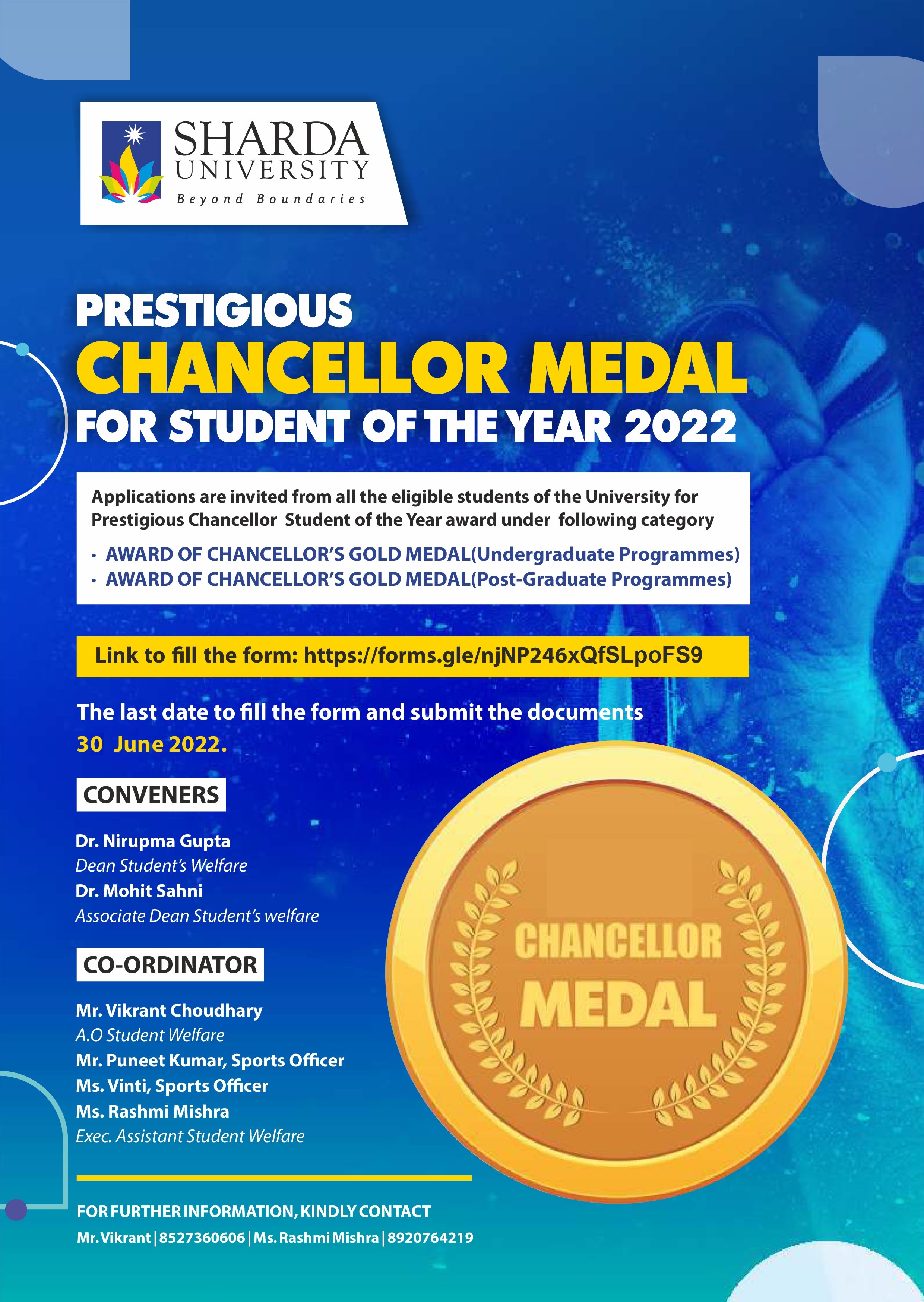 Presigious Chancellor Medal for student of the Year 2022